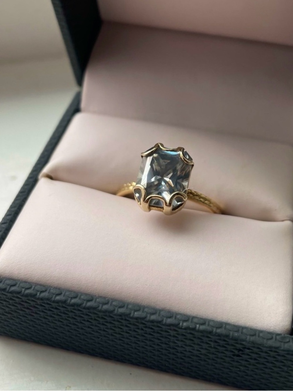 10K Solid Yellow Gold Bespoke Solitaire Ring with Radiant Light Grey Moissanite